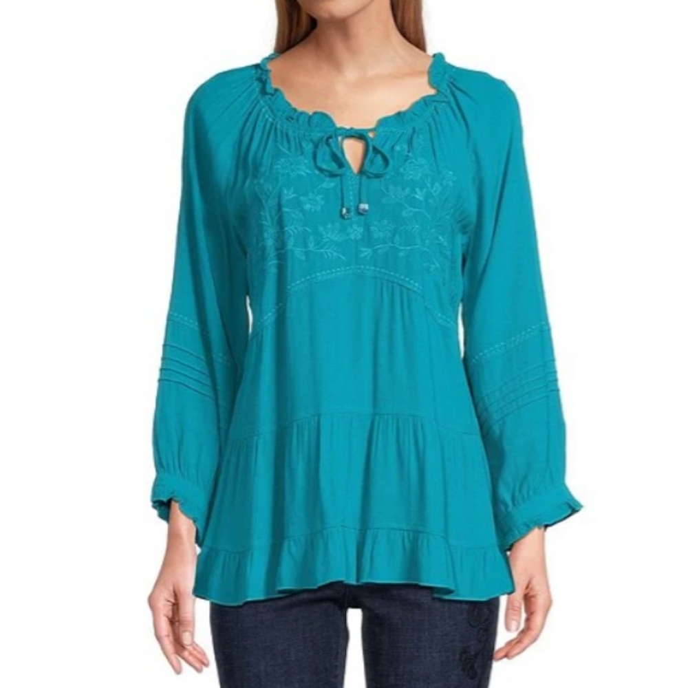 NWT John Mark embroidered  round neck 3/4 sleeve tiered size Large